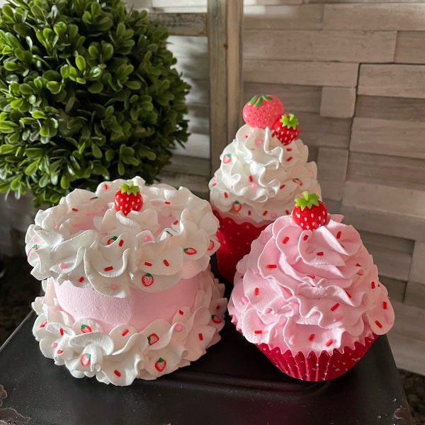 Strawberry Fields Faux Faux Desserts  | Fake Cake  | Coffee Bar Decor | Tiered Tray Decor | Dessert Bar | Cake Plate | Fake Cupcakes