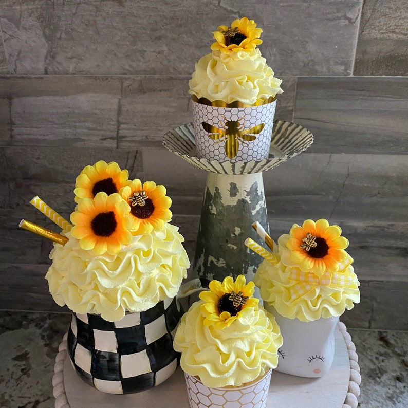 Bumble Bee & Sunflower Faux Whip Cream Cupcakes |Rae Dunn Mug Topper | Marshmallow Mug Topper| Tiered Tray Decor | Fake Food | Fake Desserts