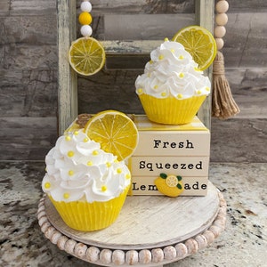 Set of 2 Lemon Themed Faux Whip Cream Cupcakes | Tiered Tray Decor | Fake Food | Fake Desserts | Photo Props | Lemon Decor