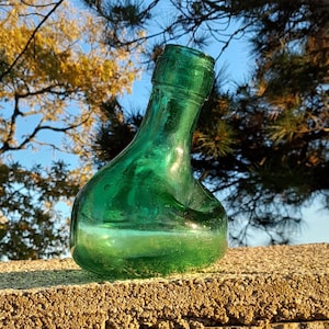 Puede incluir: Una botella de vidrio verde con una forma única, descansando sobre un muro de piedra. La botella tiene una base redondeada y un cuello largo y estrecho.