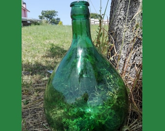 15" Vintage Green Glass Demijohn, Italian Vintage Demijohn 1940's, Small vase, flask
