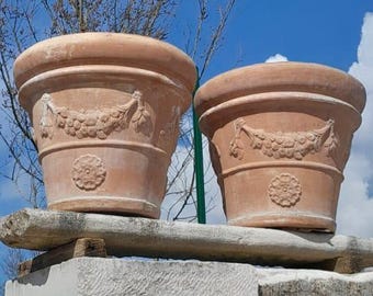 15.7" Pair of Vintage Tuscan-Style Terracotta Pots – Handmade Lemon Planters with Fruit Festoon, retró 1990, Italian Country Design