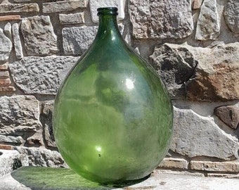Rare Unique Yellow Green Glass Demijohn, Dame Jeanne 54 L XXL, Giant Glass Vase, Jug, Giant Flask, modern antiques