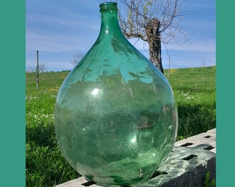 21" Vintage Water Green Glass Demijohn, Italian Glass Carboy, Wine Giant Bottle, Flask, Jug, Dame Jeanne 34 liters