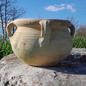 May include: A large, light brown terracotta pot with two handles and a slightly rounded base. The pot is sitting on a grey rock with a small yellow flower in the foreground.