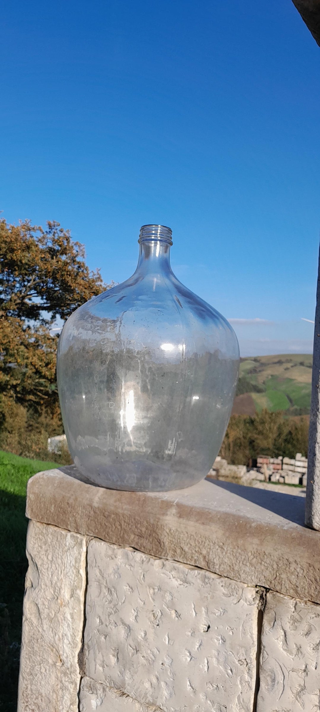 Vintage Giant Conic Demijohn, Transparent Natural Ice Gray Glass Carboy