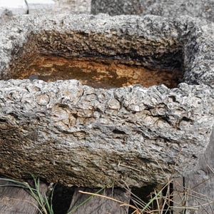 May include: A weathered, rectangular stone trough with a rough, textured surface. The trough is filled with water and has a rustic, aged appearance.