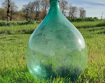 Vintage Light Turquoise, Light Blue Petroleum Glass Demijohn, Big Bottle, Wine Storing Demijohn, Country Style
