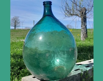 Vintage Green Bluish Glass Demijohn, Italian Carboy, Old Giant Glass Vase, Big Wine Bottle, Glass Big Flagon