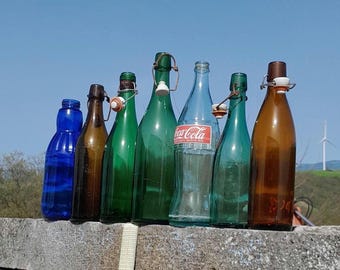 Vintage Water, Cola, Beer, Wine, Juice Bottles, Green Shades, modern antiques