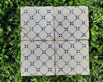 Set of 4 Old Majolic Tiles, Decorated Terracotta Glazed Tiles, Naples 1880-1920, Kitchen Wall Tiles, Retro