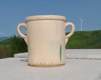 7.50" Old Italian glazed Terracotta pot 1880 - 1910, enameled vase, ladle holder, green finishes, retro