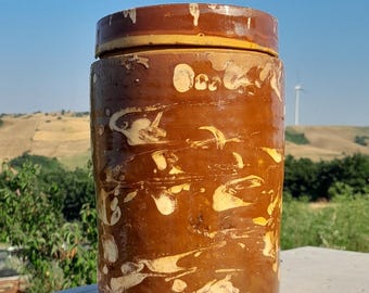 Old Glazed Terracotta Vase, Majolic Terracotta Jar with Lid, Southern Italy Early 1900, Faience Container, Clay Vase, boho design