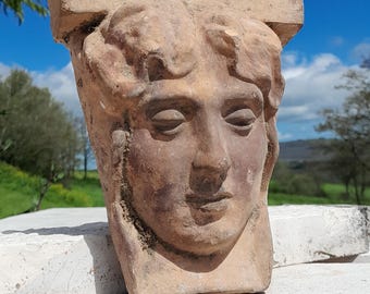 Terracotta Woman's sculpture, Vintage Used Architectural Keystone, Clay Sculpture, Earthenware, Faience, woman's face, lady's head