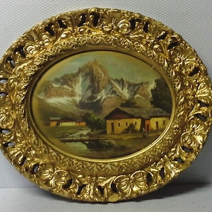 Vintage plaster frame, mountain landscape print, farms, creek, bridge, damsel representation, Cottage Decor