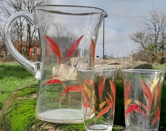 70's Vintage Blown Glass Jug and two Glasses, Valentine Gift Juice for two, Thea Juice Water Wine Jug, Handpainted, nature inspired