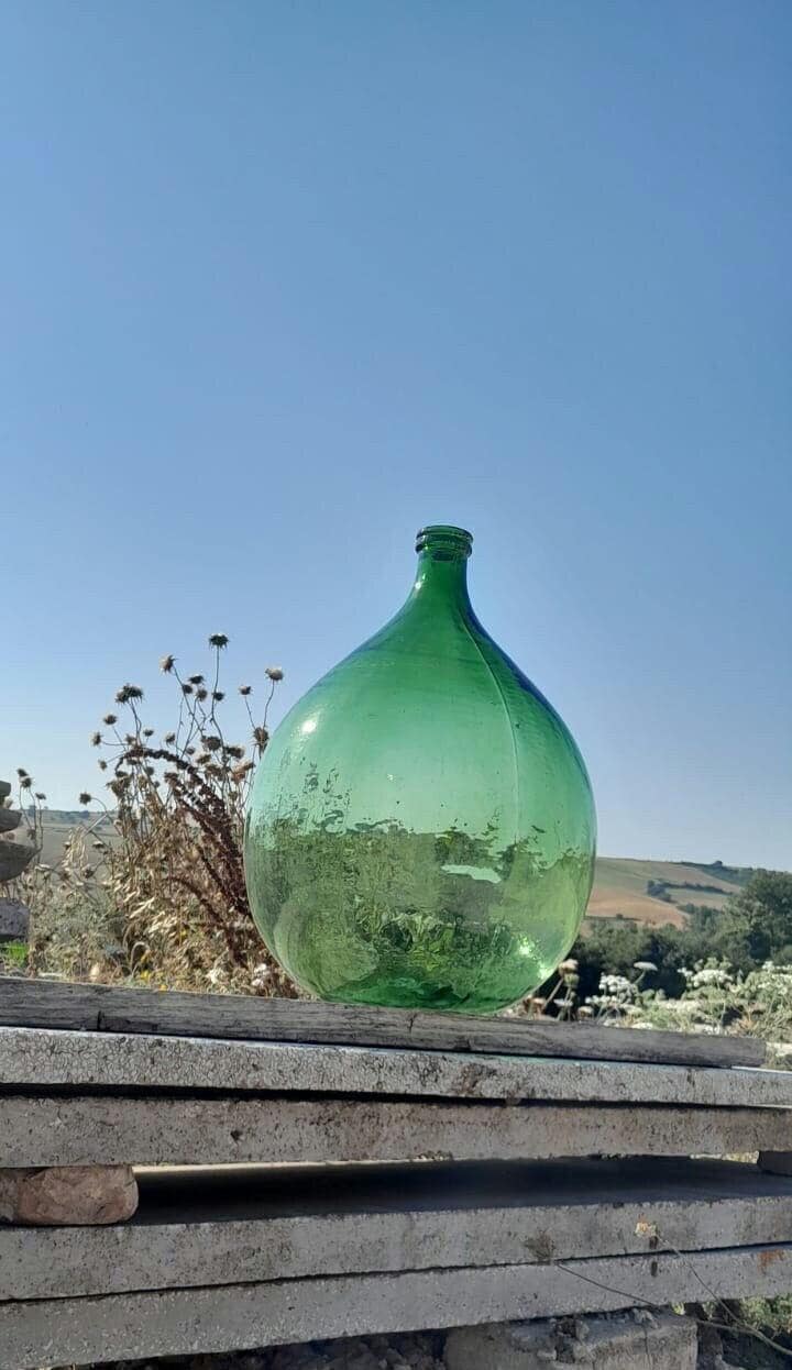 Giant Vintage Green Glass Demijohn, Giant wine Flagon, Big wine Bottle, Old Italian demijohn Dame Jeanne, modern antiques