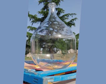 18.50" Vintage demijohn bottle, Squared Belly Demijohn, Glass Balloon, Gray Ice Glass, Old Wine Carboy, Transparent Glass, modern antiques