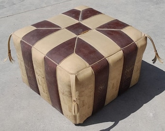Puf de cuero de imitación vintage, diseño egipcio, figuras de esfinge, jeroglíficos egipcios, puf egipcio, material de utilería, retro