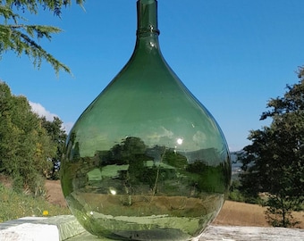 18" Rare Oliva Green Blown Glass demijohn, Green Yellow Blown glass carboy, wine flask, Italy years 1850-1900