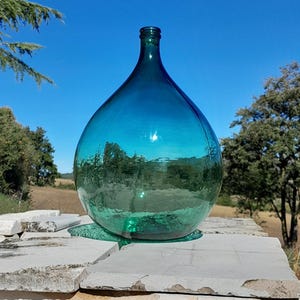 21.65 " Vintage Petroleum Glass Demijohn, Green Bluish Glass, Green with some Blue shades, Italian Carboy, Wine Bottle, Flask