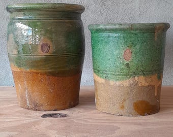 Set of two Old Italian glazed Terracotta pots 1880-1910 enameled vases, ladle holder, green finishes, boho design