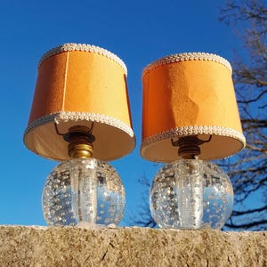 RSVD Brooks 7" Droplets Glass Lamps, Couple of Lanterns, Lampshades fabric, Italy 1950's, "VETRO BULLICANTE", Murano design