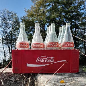17&quot; Collectible Coca-Cola 1 liter Bottles & Basket, Plastic Coke Holder, 12 bottles Text all around, cola Adv chest basket, modern antiques