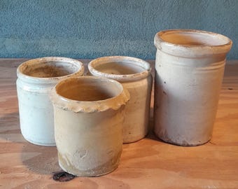 Old Italian glazed Terracotta pot 1880-1910 enameled vase, ladle holder, majolic kitchen container, retro