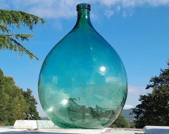 Vintage Green Bluish Emerald Glass Demijohn, Flagon, Big Bottle, Old bottle, boho design