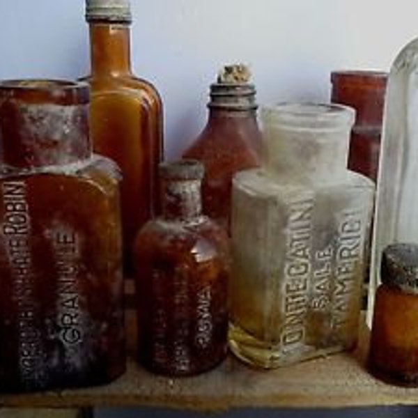 Set of Ten Antique pharmaceutical bottles, medical containers