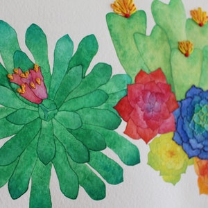 Succulent Garden - Embroidered Watercolor Painting - Original Art