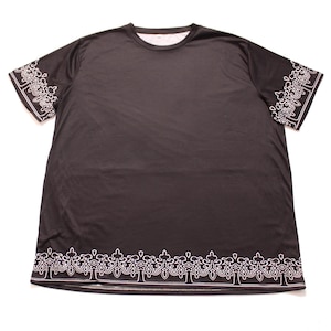 May include: Black short-sleeved t-shirt with a white patterned border around the neckline and hem.