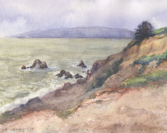 Costa del Pacífico (acuarela original, paisaje de California, arte pequeño)