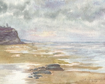 Pomponio Beach (original watercolor painting, California coast, Pacific, realism art)