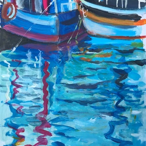 Bateaux (peinture acrylique originale sur papier, art réduit)