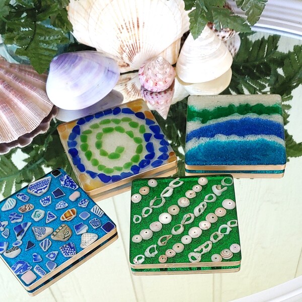 Stunning Sea Glass Design Square Coaster Set with Sea Shells, Sea Glass and Sea Pottery with Green, Blue and White Resin Trimmed in Gold