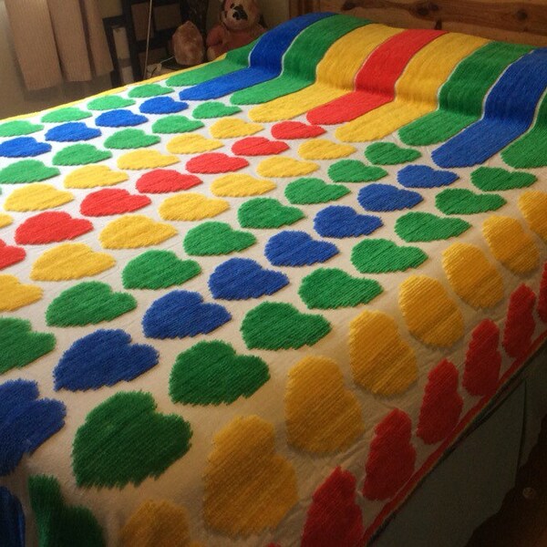 Vintage Rainbow Hearts and Stripes Tufted Rare Chenille Bedspread Primary Color Retro Double Bedspread