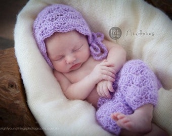 Mohair Pants and Bonnet Set / Newborn Photography Prop / Lilac