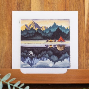 SALE - Watercolour Mountain UNFRAMED Print, Lakeside Reflection Camping Wall Art