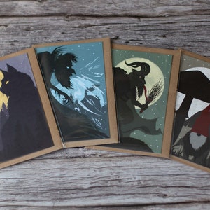 Yule Cards - Set of 4 cards / Spooky Folklore Unusual Xmas Cards / Krampus, Yule Cat, Old Man Winter, Tomte