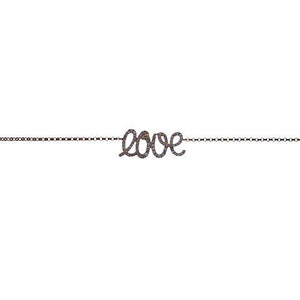 Könnte beinhalten: Ein silbernes Kettenarmband mit einem mit Diamanten besetzten "Love"-Anhänger.