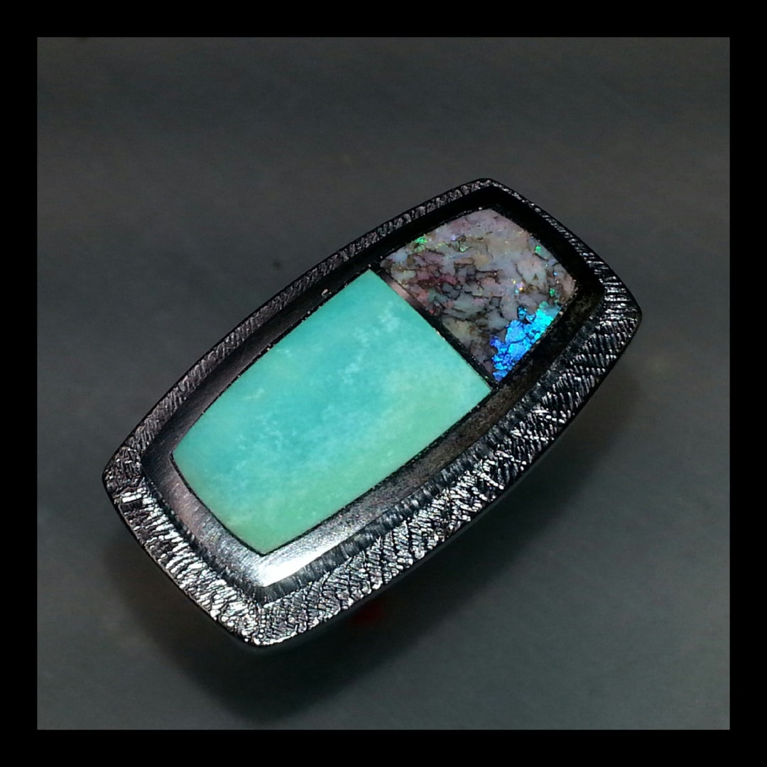 Sterling Silver Ring With Andamooka Opal and Turquoise Inlay. Size 9 Etsy