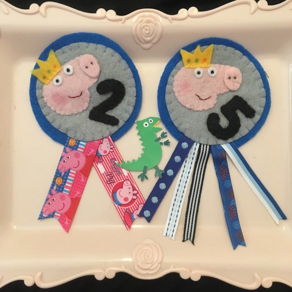 Felt Birthday Badge with Ribbon - George Pig & Peppapig inspired handmade Peppa keepsake for 2nd or 5th Birthday boy w/ Brooch or Diaper Pin