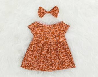 16" Doll Clothes ~ Pumpkin Sketch Autumn Harvest Sketch Dress & Bow Headband