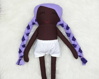 16" Dress Up Doll ~ Dark Brown Skin ~ Lilac & Orchid Rainbow Pigtail Hair *READY TO SHIP*