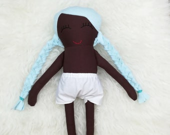 16" Dress Up Doll ~ Dark Brown Skin ~ Baby Blue Pigtail Hair *READY TO SHIP*