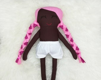 16" Dress Up Doll ~ Dark Brown Skin ~ Candy Pink & Fuchsia Pigtail Hair *READY TO SHIP*