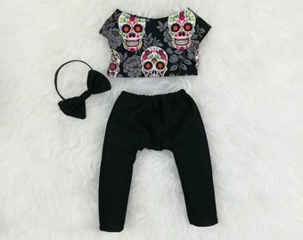 16" Doll Clothes ~ Sugar Skull Silver Brocade Top, Black Pants & Bow Headband/Bow Tie ~ Day of the Dead ~ Día de los Muertos