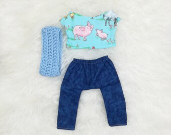 16" Doll Clothes ~ Blue Farm Animal Top, Dark Blue Pants & Blue Crochet Scarf